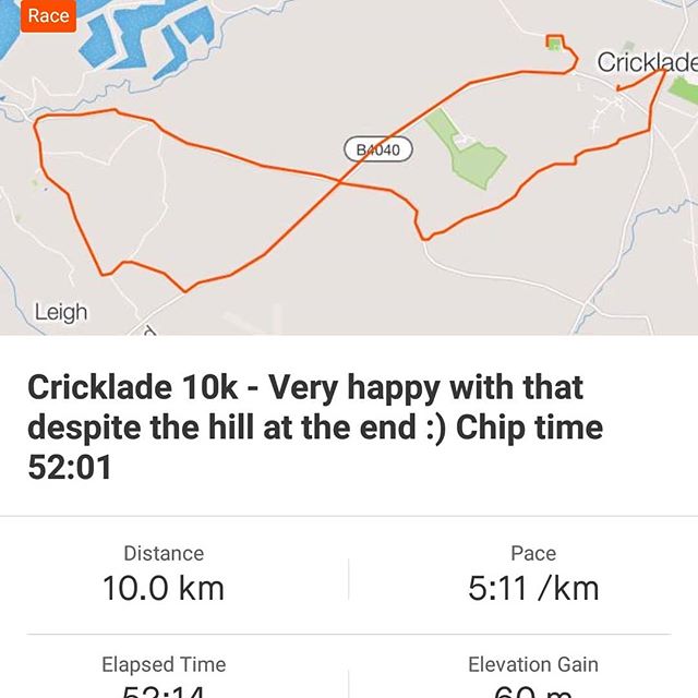 Cricklade 10k done! Very happy with a 52:01 chip time!